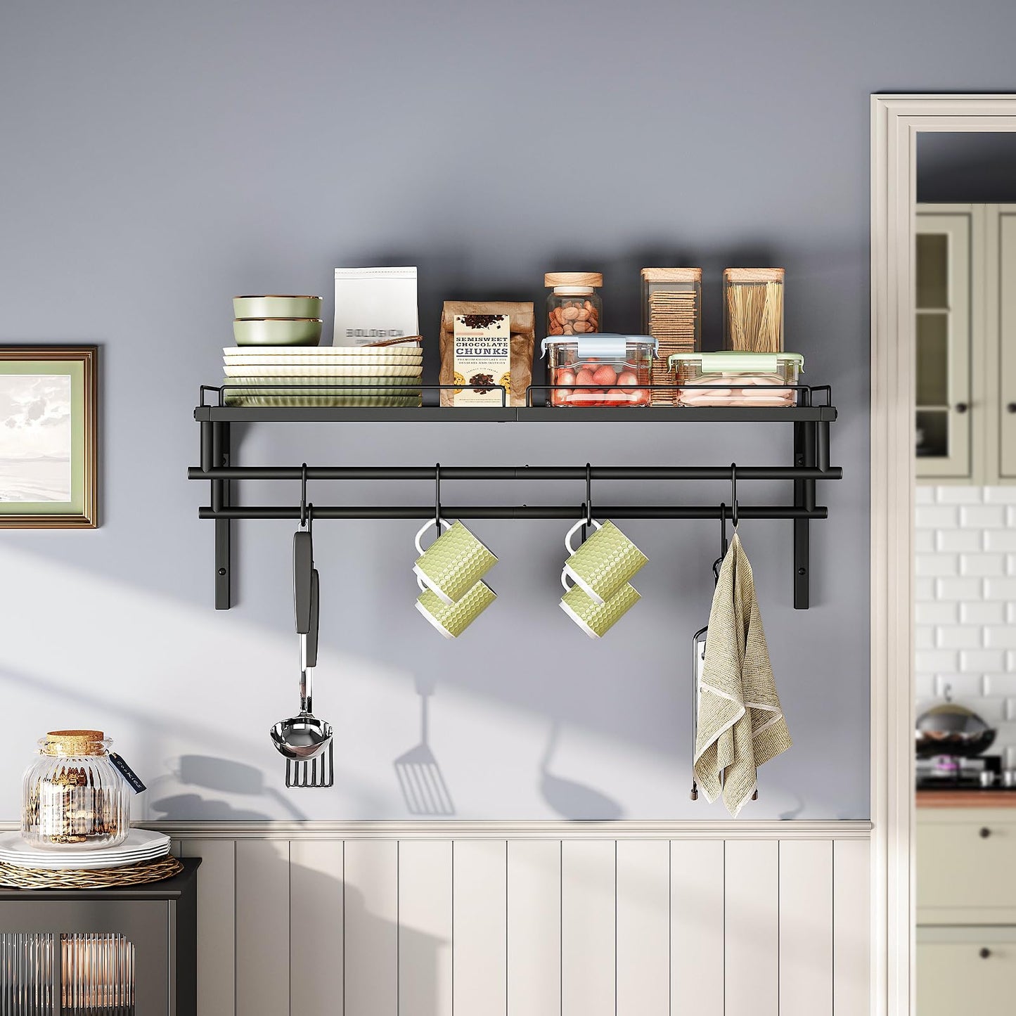 CHOEZON Hanging Pot Rack, Wall-Mounted Pot Rack, Kitchen Cookware Organizer, Metal Pot and pan Organizer Holder, for Cookware, Utensils Organization, Black TPR38BB