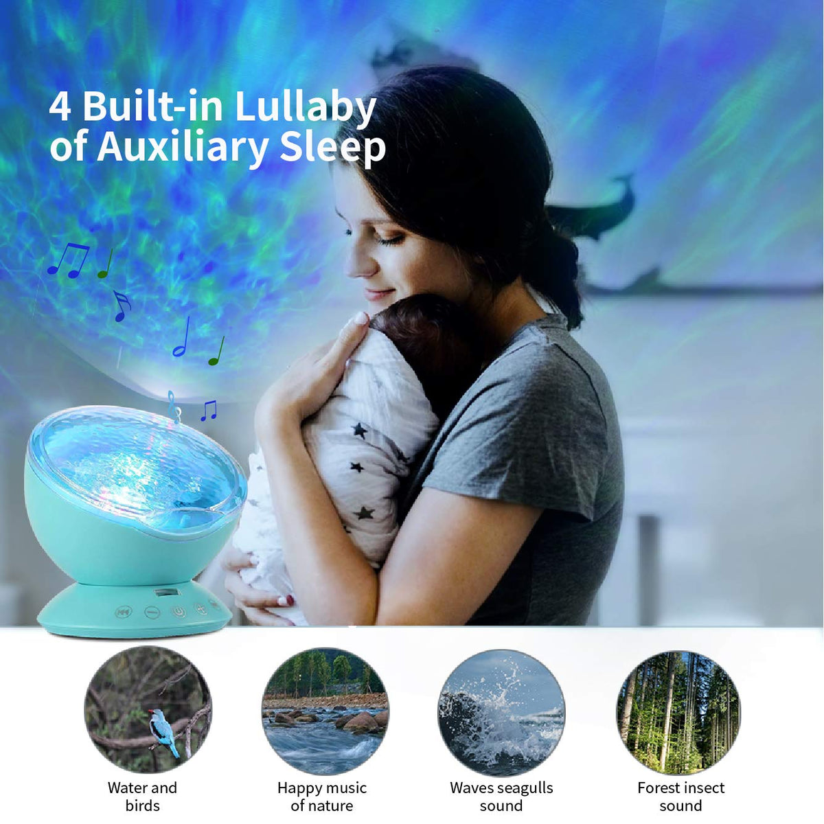 TOMNEW Night Light Projector, Ocean Wave Night Light for Kids Room, Remote and Timer, Dimmable 7 Light Modes and Bulit-in Sound Machine, Mermaid Decor Birthday Christmas Gifts (Blue)