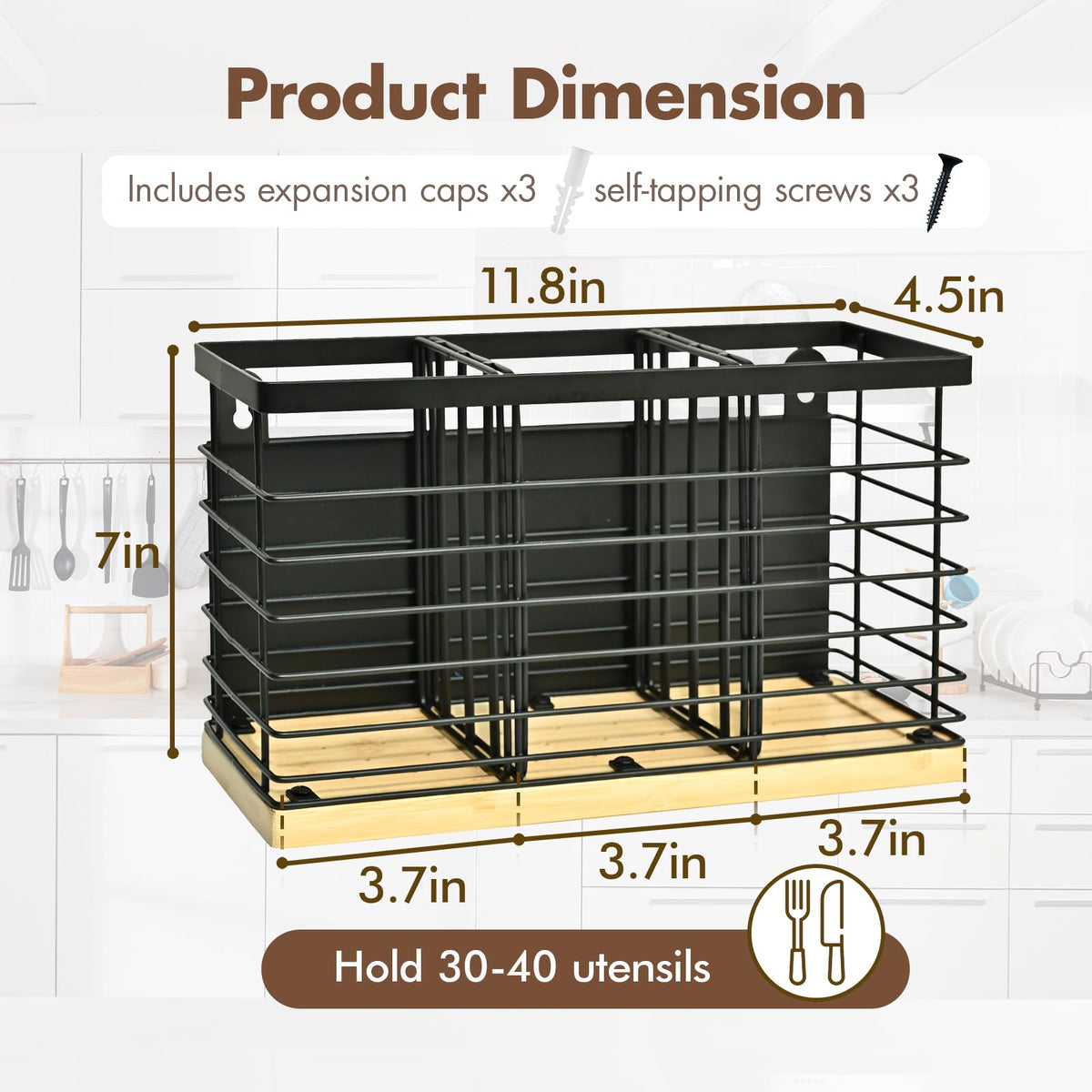 MSJGA Magnetic Utensil Holder for Fridge - 3 Compartment Wall Mounted & Countertop Metal Utensil Organizer with Bamboo Base, Kitchen Utensil Caddy for Spoons, Forks, Knives, Black