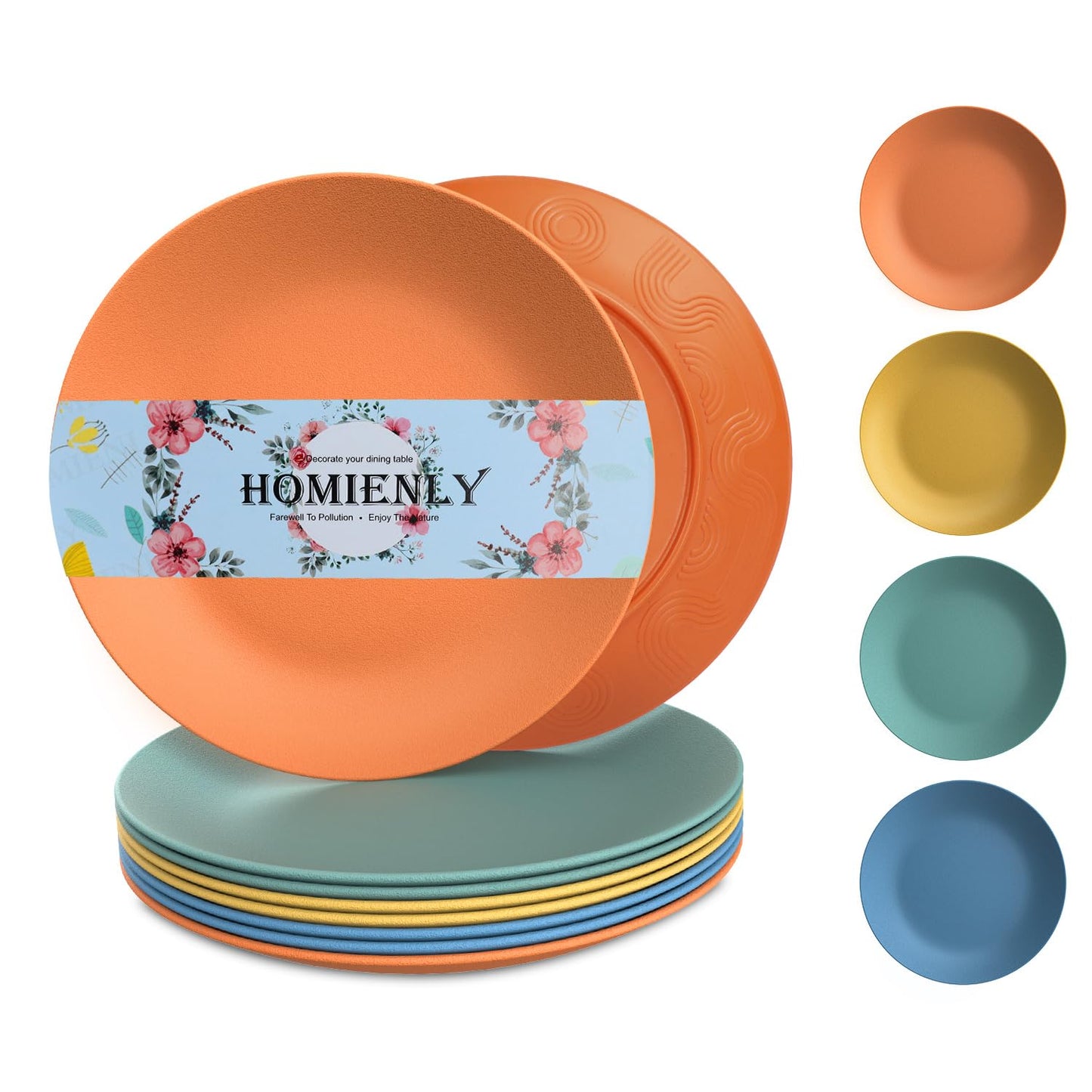 Homienly Wheat Straw Plates Unbreakable Flat Salad Plates Set of 8 Reusable Dinner Plate for Kitchen, Camping, RV, Microwave and Dishwasher Safe Plate Heavy Duty Paper Plates Alternative (Multi, 9in)