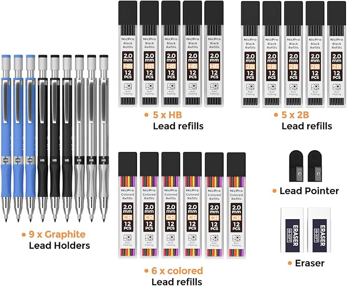 Nicpro 29 Pieces 2mm Mechanical Pencil Set, 9 PCS Drafting Carpenter Pencils 2.0 mm for Art Drawing Sketching construction with 192 Lead Refills Pre-Sharpen HB & 2B & Colors, 2 Erasers, 2 Sharpener