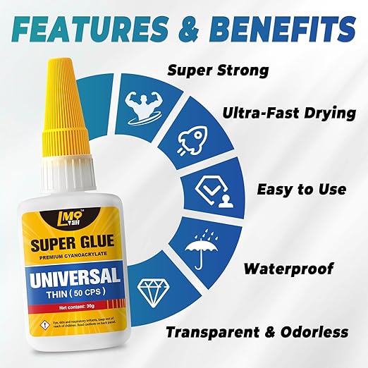 Super Glue Clear Liquid, Thin Strong CA Glue All Purpose for Plastic Ceramic Glass Metal Fletching Pottery Wood Shoes Rubber Crafts 3D Printed Parts, Instant Heavy Duty Cyanoacrylate Adhesives