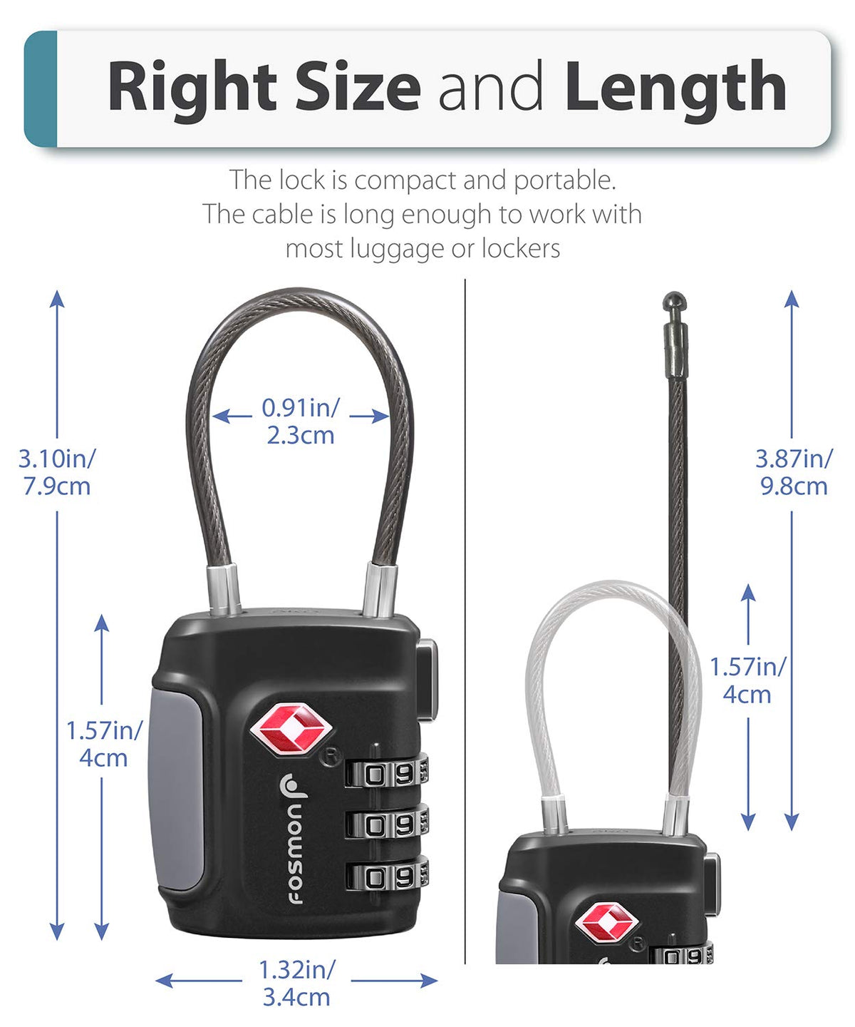 Fosmon TSA Approved Cable Locks for Luggage, Suitcase, Gun Case Lock with Push Release Button, 3 Digit Long Shackle Combination Wire Lock for Backpack