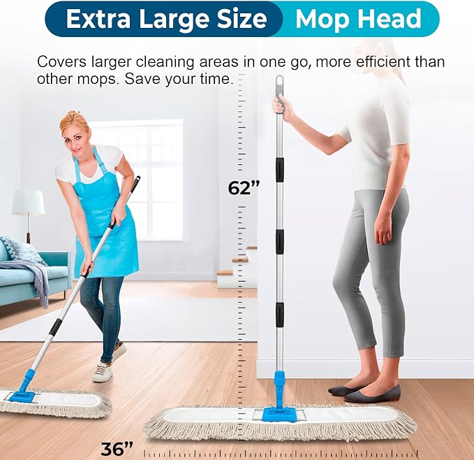 36” Commercial Dust Mop for Floor Cleaning, Industrial Dry Mop with Heavy Duty Long Handle, Large Cotton Reusable mop Head, for Cleaning Office Garage Hardwood Warehouse Factory Mall