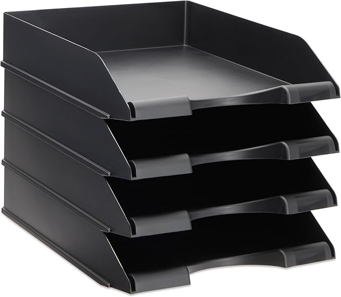 Stockroom Plus Letter Trays - 4-Pack, Black, 10 x 13.5 x 2.5 in - Stackable Paper Trays & Desktop File Organizer - Mail Organizer & Document Storage