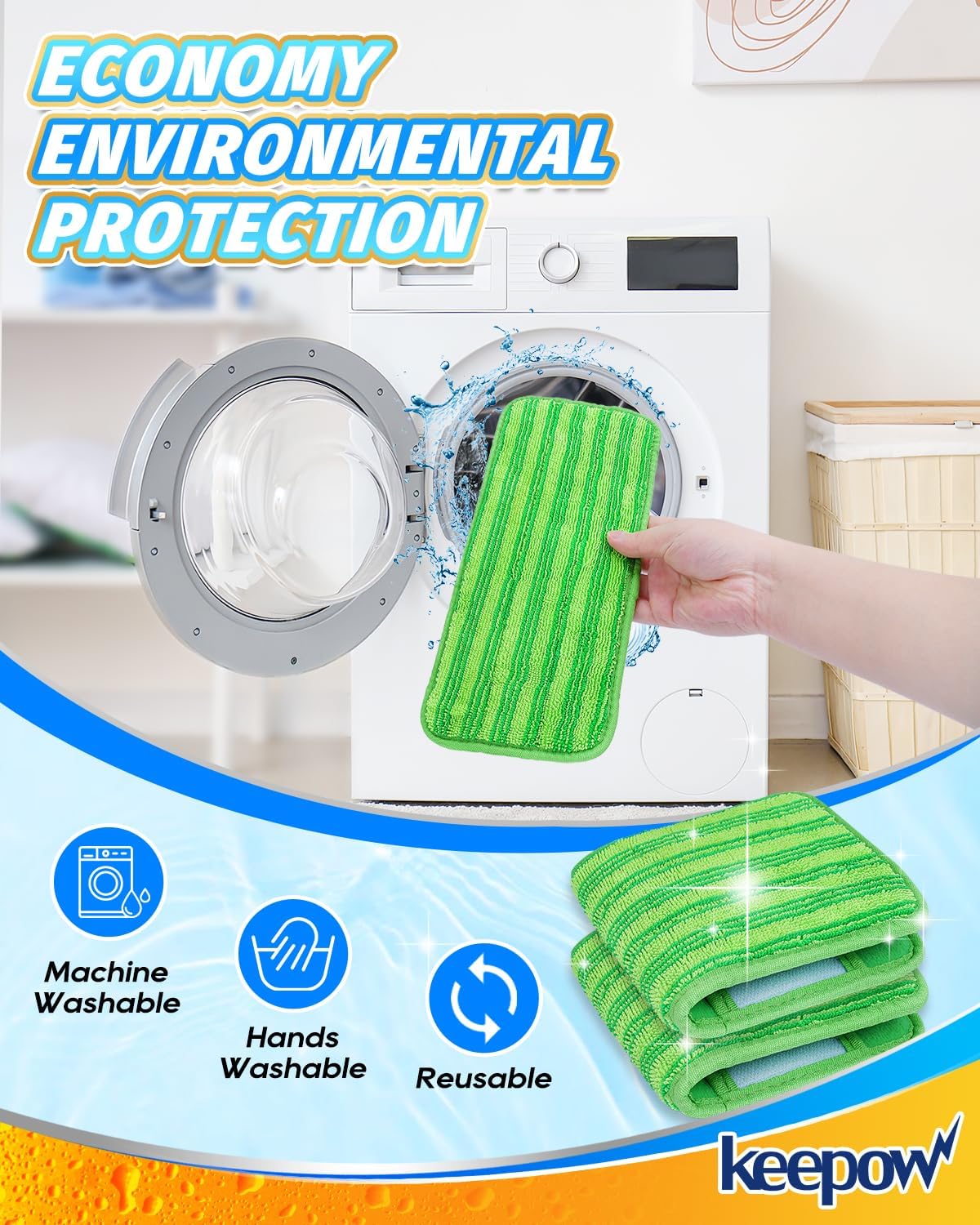 Keepow Reusable Mop Pads Refills Compatible with Swiffer Sweeper and Sweep & Mop Deluxe, Microfiber Wet Mopping Cloths Dry Sweeping Floor Cleaning Mop Pad Refill, Mop Head Replacements Part 3 Pack
