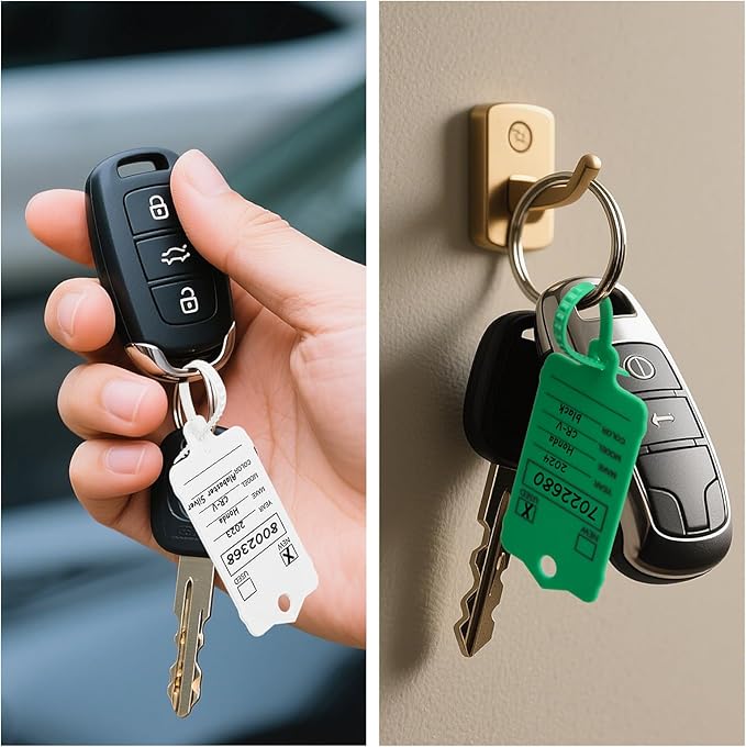 100 Car Key Tags with Labels Plastic Car Dealership Key Tags Self Locking Automotive Identifiers Blank Shop Labels with One Pen (Mixed Color)
