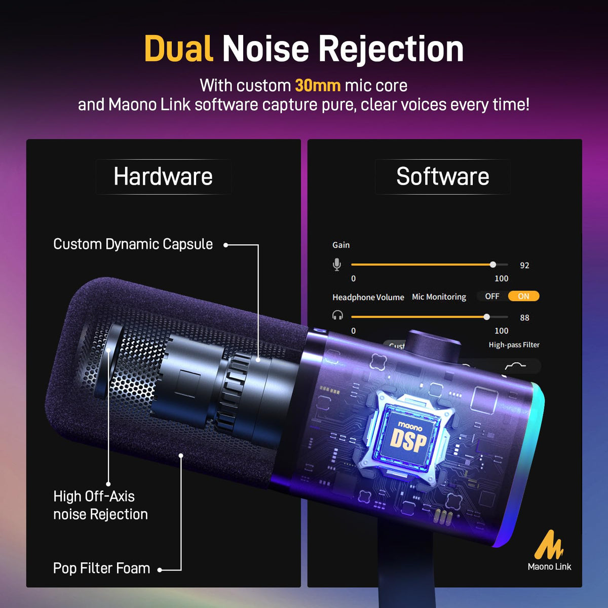 MAONO XLR/USB Gaming Microphone Kit: Dynamic PC Mic for Streaming Podcasting, Software Support, Mute Button, Gain Control, RGB Computer Mic with Boom Arm Stand, for Recording, PS4/PS5, PD100XS Black