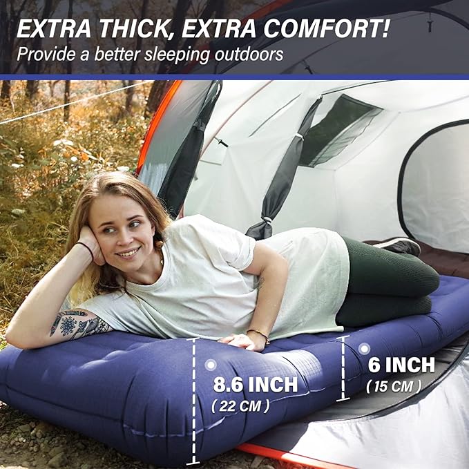 TOBTOS Inflatable Camping Sleeping Pad with Pillow, Thick 6 Inch Ultralight Sleeping Pad with Built-in Pump, Lightweight Sleeping Mat for Camping, Backpacking, Hiking, Tent (Blue)