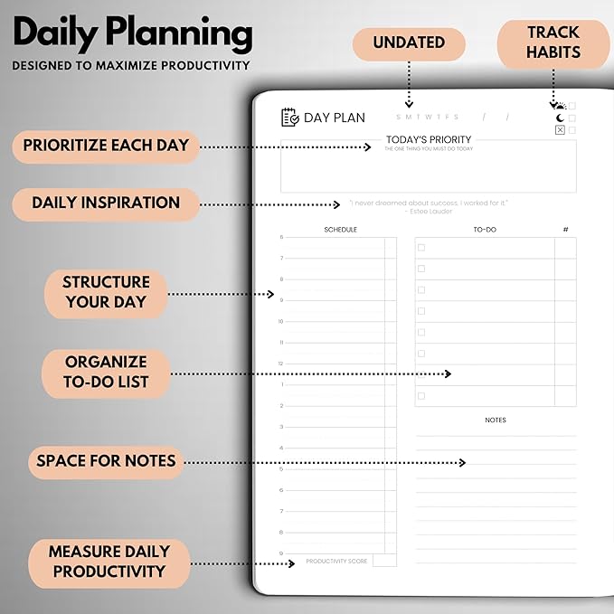 Undated Daily Planner – 6-Month A5 Productivity Organizer with Full Page Per Day, Hourly Schedule, Goal Setting, Habit Tracker, Weekly & Monthly Pages – Hardcover Time Management Notebook (Rose Gold)