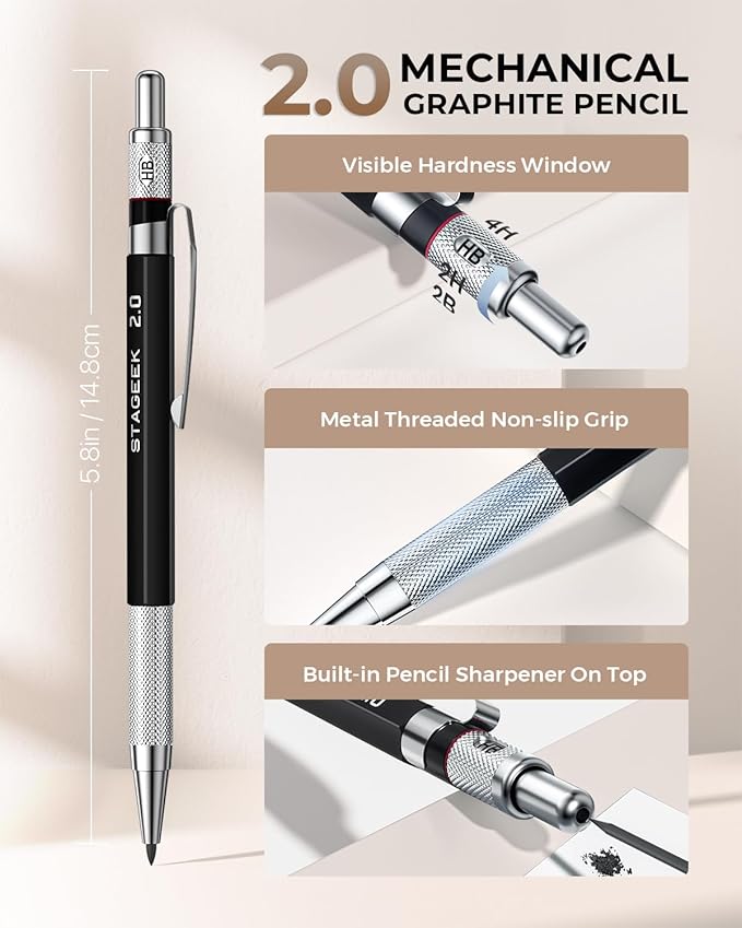 30PCS Art Mechanical Pencil Set with Leather Bag, Metal Artist Lead Pencil 0.5, 0.7, 0.9 mm, 3PCS 2mm Sketching Pencil (4H 2H HB 2B 4B 6B Color) with 464PCS Graphite Lead Refills for Drawing