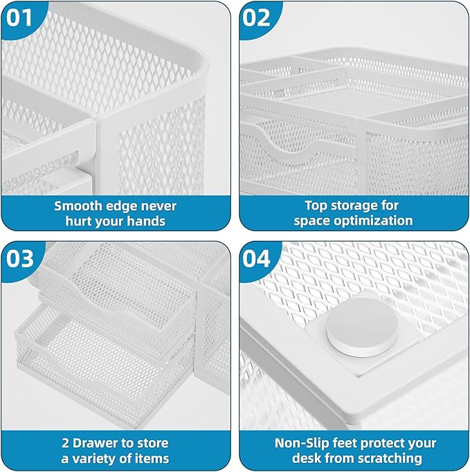 Marbrasse Mesh Desk Organizer, Pen Organizer with 2 Drawer, Multi-Functional Pencil Holder, Desk Organizers and Accessories with 5 Compartments + Drawer for Office Art Supplies (White)