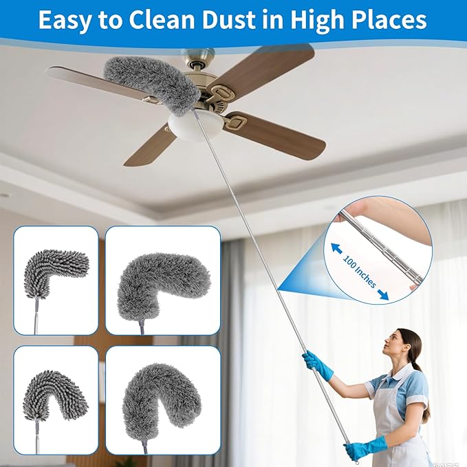 10PCS Dusters for Cleaning, Extendable Microfiber Duster with Extension Pole Up to 100'', Bendable Washable Cleaner Dusters for Cleaning Fan, High Ceiling, Blinds, Furniture, Car