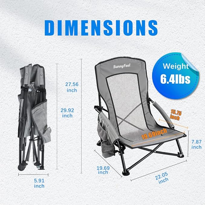 SUNNYFEEL Low Folding Beach Chair for Adults, Portable Lightweight Sling Beach Camping Chairs with Cup Holder, Armrest,Foldable Camp Lawn Chair for Outdoor Sand Concert Travel Sport Events,300LBS