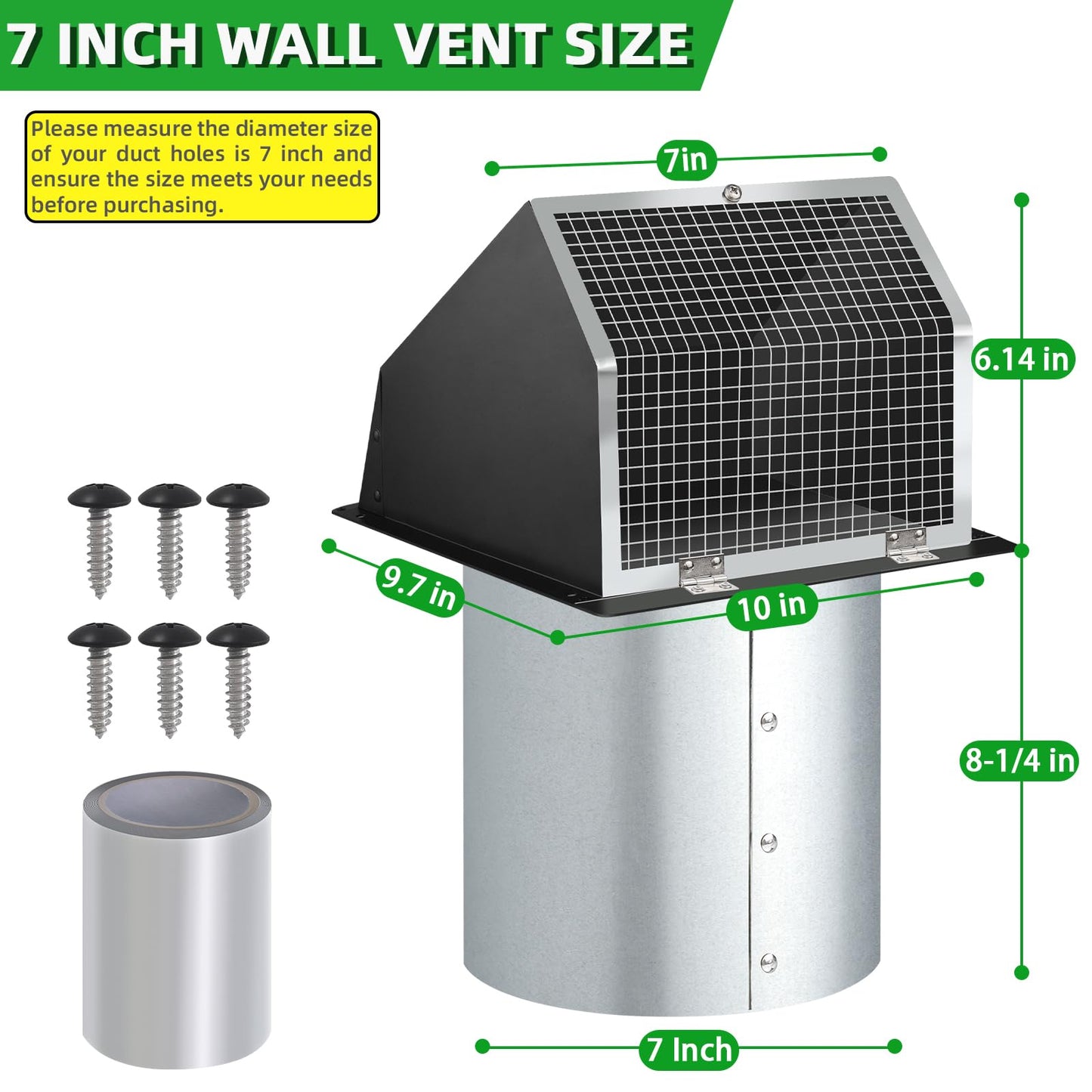 7Inch Wall Vent with Screen and Damper,Galvanized Steel Hooded Wall Vent Cover Cap Exhaust Vent Cover Outside,Exterior Vent Hood Outdoor for Kitchen Range Hood Laundry Dryer Bathroom Fan Duct Air Vent