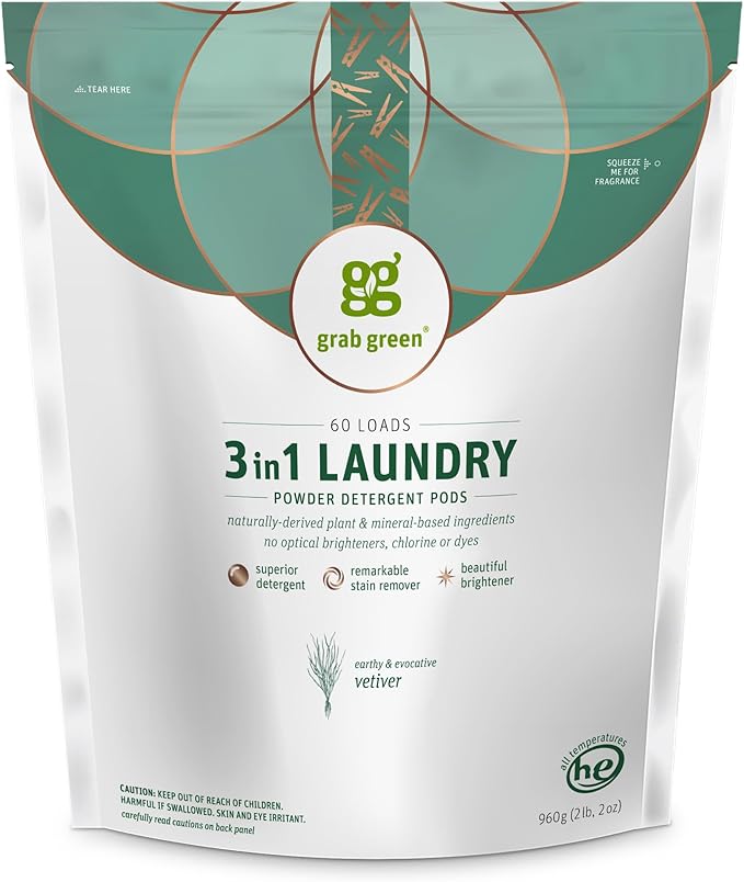 Grab Green 3-in-1 Laundry Detergent Pods, 60 Count, Vetiver Scent, Plant and Mineral Based, Superior Cleaning Power, Stain Remover, Brightens Clothes