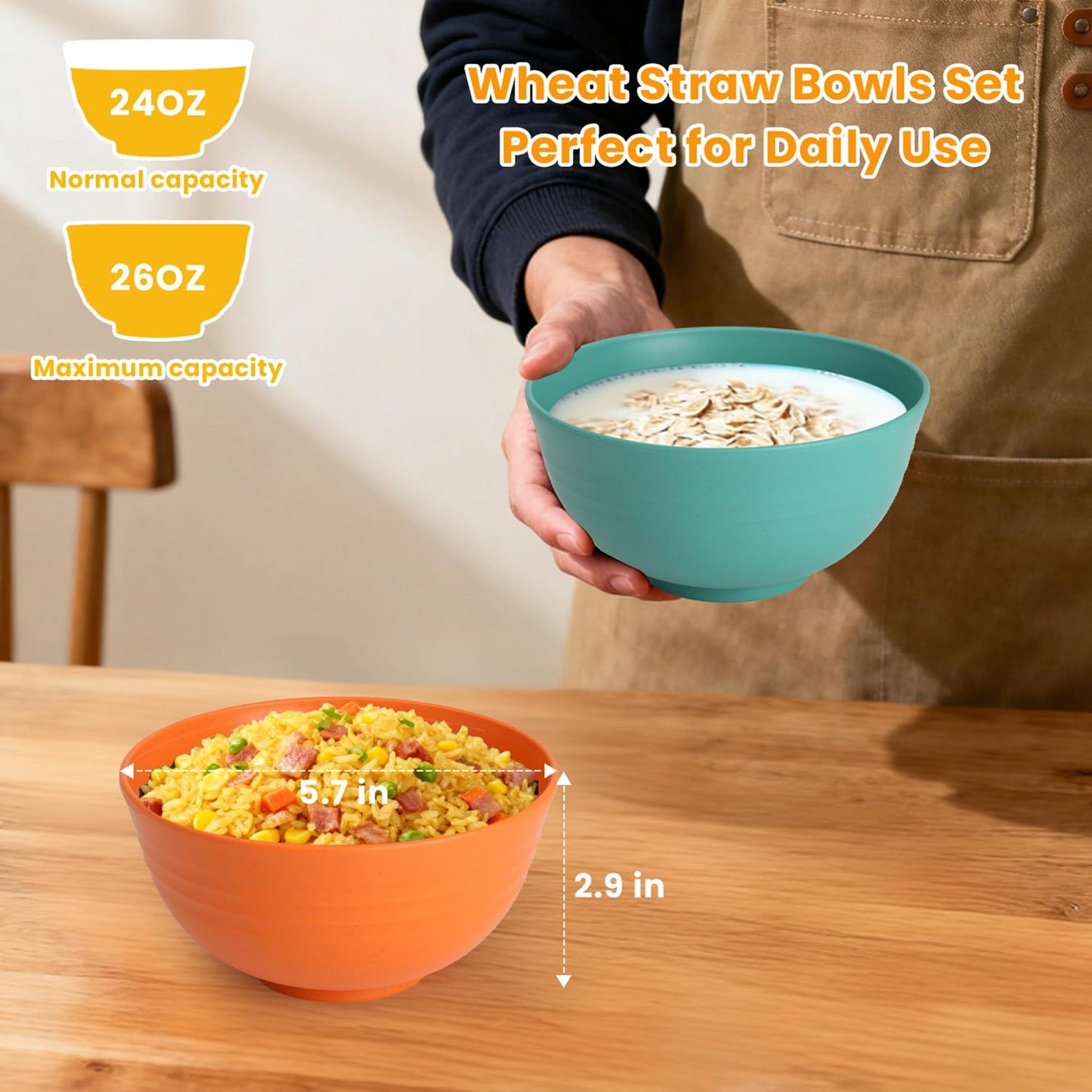 Homienly Wheat Starw Cereal Bowls, Unbreakable Bowl Set 6 PCS, Microwave and Dishwasher Safe Bowls, Alternative to Plastic Bowl Reusable, Bowl Set for Kitchen, Picnic, Camping, Party (26 OZ, Colorful)