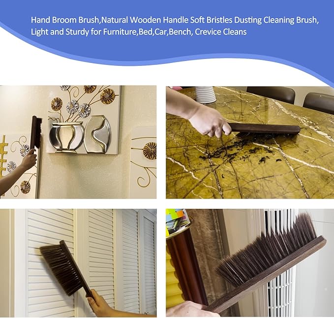 Hand Broom Brush,Natural Wooden Handle Soft Bristles Dusting Cleaning Brush,Light and Sturdy for Furniture,Bed,Car,Bench, Crevice Cleans