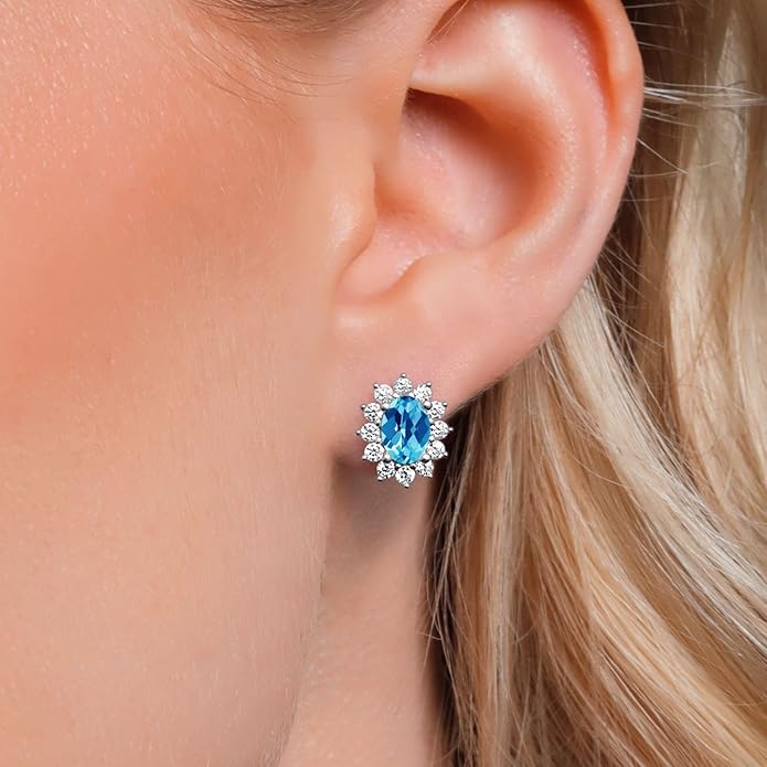 Gem Stone King 7X5MM Oval Gemstone Birthstone Stud Earrings For Women | Princess Diana Royal Halo Style | 925 Sterling Silver | Fine Jewelry Gifts for Anniversary Wedding Her Mom Women Wife