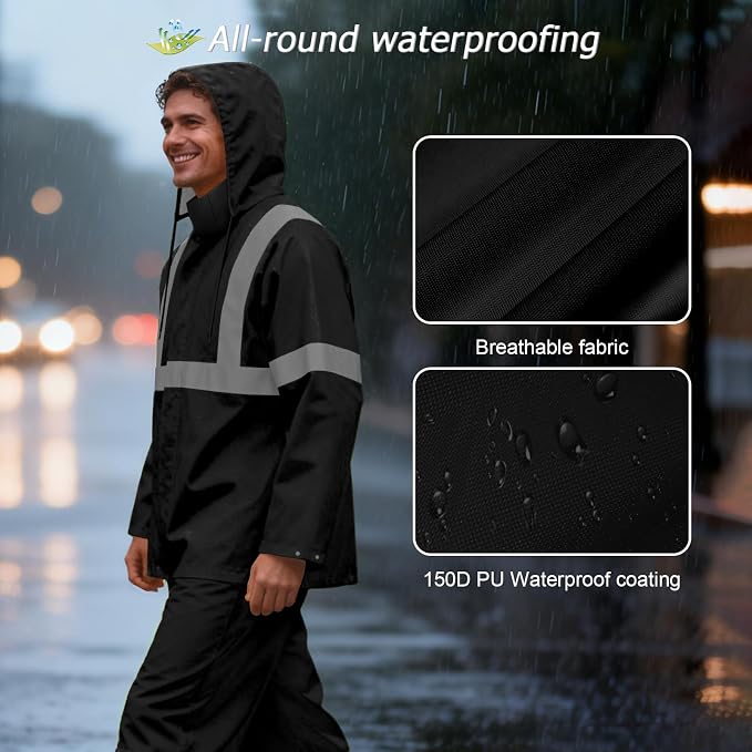 Rain Pants, High Visibility Safety Coat, Hi Vis Waterproof Work Pants, Lightweight Rain Gear for Outdoor Activities, Men Women, Black P, S-M