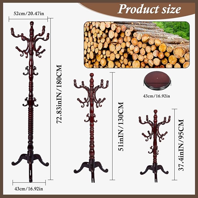 Wooden Coat Rack Freestanding, Vintage Coat Racks with Sturdy Round Base, Adjustable Height 37.40"-72.83" Entrance Coat Rack for Bedroom Living Room Entryway (Solid wood Triangle)