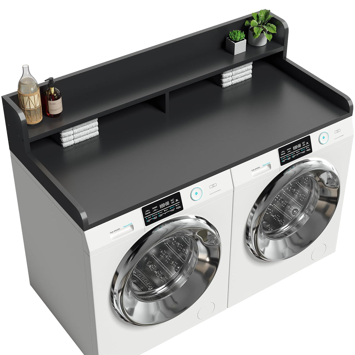 Corbyles 2-Tier Washer Dryer Countertop with 2.75" H Edge Rails, 58" W x 28" D Laundry Countertop for Folding Clothes, Washer and Dryer Topper with Non-Slip Pad (Black)