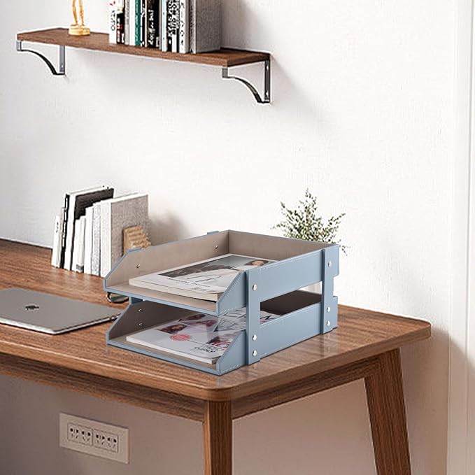 Leather Desk Letter Tray,Office Supplies Paper Organizer for Mail Paper Files Magazines Jewelry Cosmetics,Fashion Letter Holder& 2-Tier Multipurpos Stackable Office Desktop Storage Box,Grey