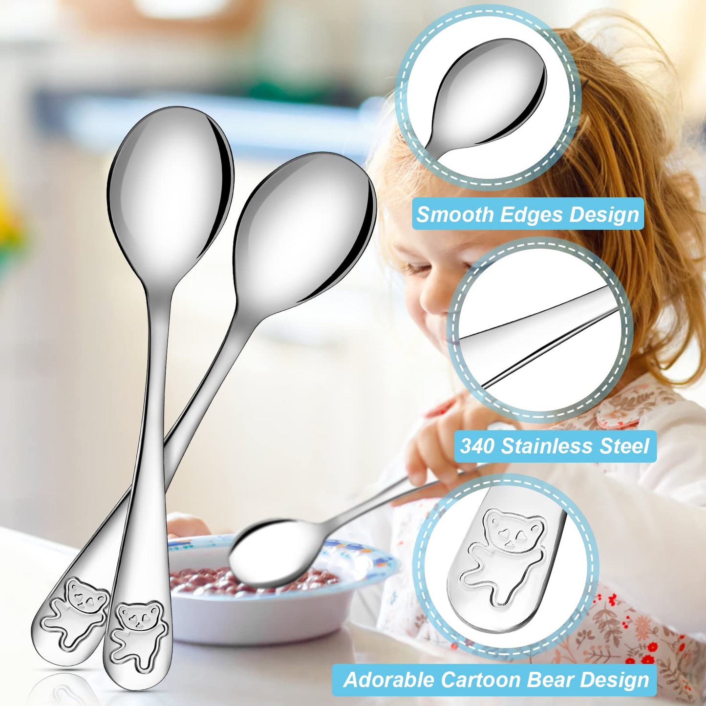 Erinnmy 24 Piece Kids Spoons, 6.5 inch Stainless Steel Silverware, Child & Toddler Safe, Baby Self Feeding Spoons, Dishwasher Safe