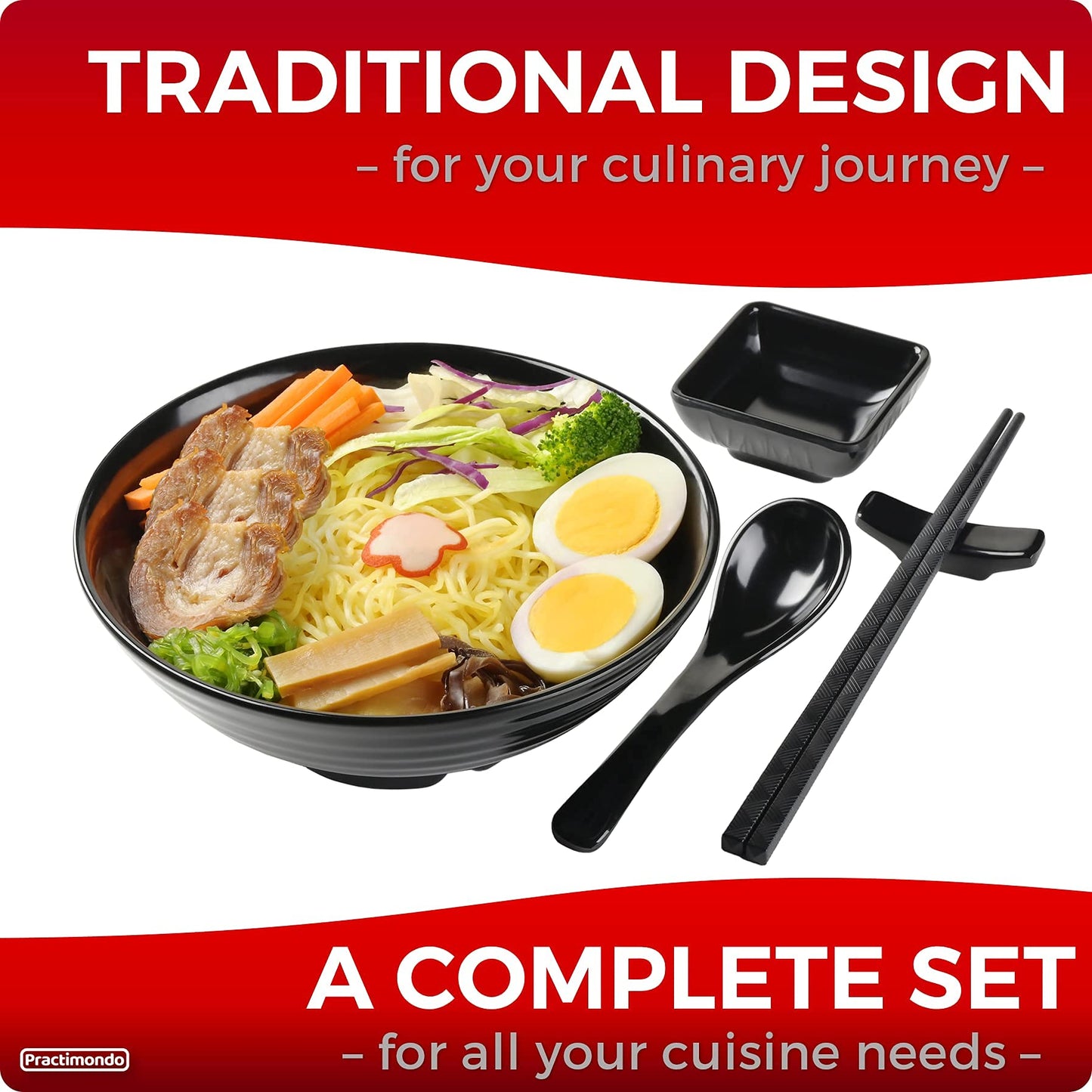 Practimondo 4 Noodle Bowls Set - large 32oz Ramen Bowl Set for authentic Asian Cuisine - with Dipping Bowls, Spoons, Chopsticks & Chopstick Stands. Enjoy Thai Miso Udon Wonton (4 Bowl Set, Black)