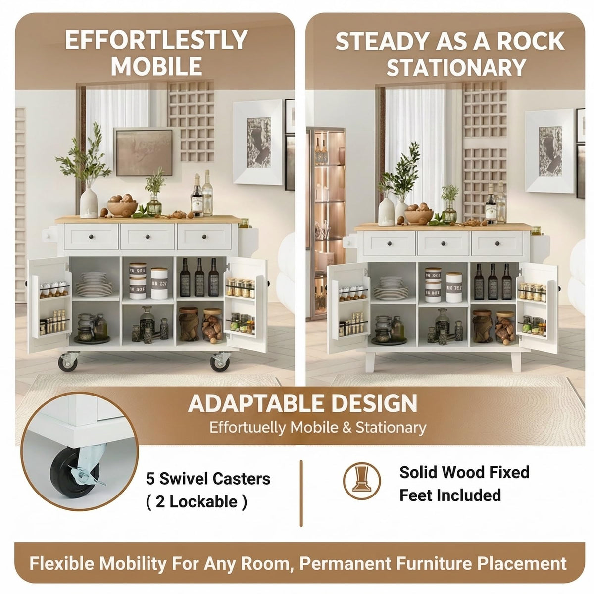 Waully 53'' Mobile Kitchen Island with Seating, Rolling Kitchen Island with Storage and Drop Leaf, 3 Drawers Islands Cart Rubberwood Top, 2 Open Shelves, Isla para Cocina, White + 2 StooIs