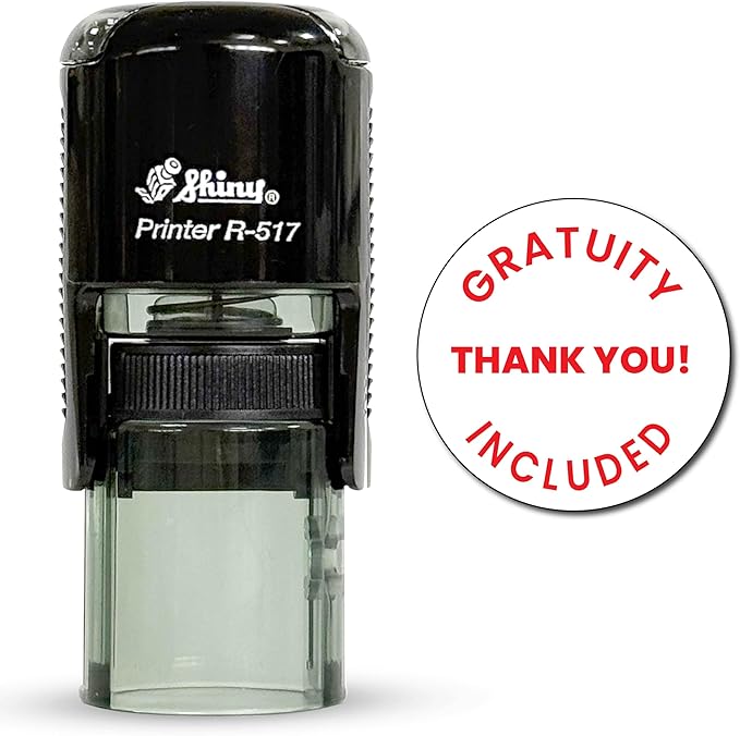 Shiny Gratuity Included Stamp, Round Self Inking Stamp for Restaurant, Bar and Retail, Red Ink