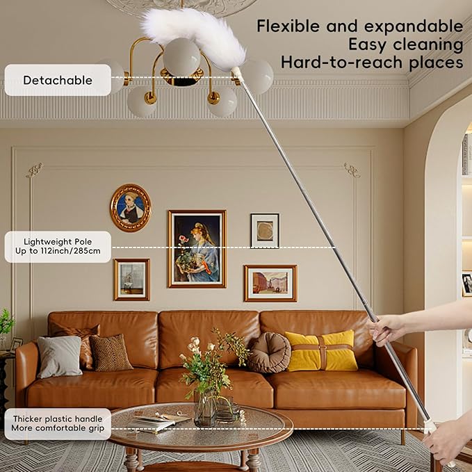 Extendable Lambswool Duster 29-110 Inch,Anti-Static Flexible Head, Stainless Steel Pole for Cleaning High Ceiling,Fan,Furniture,Roof Dusting
