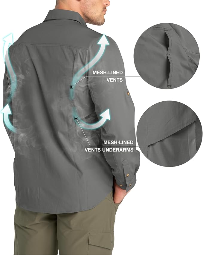 33,000ft Men's Long Sleeve Hiking Shirts Lightweight Quick Dry Sun Protection UV UPF 50 Fishing Shirt Outdoor Safari Travel