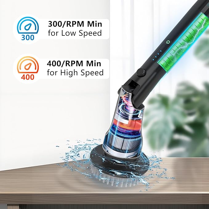 Electric Spin Scrubber, Hillyfe Bathroom Scrubber Electric with 7 Replaceable Brush Heads, IPX7 Waterproof,300/400 RPM, 3 Adjustable Length,Scrubber Brush Electric for Bathtub Floor,Black