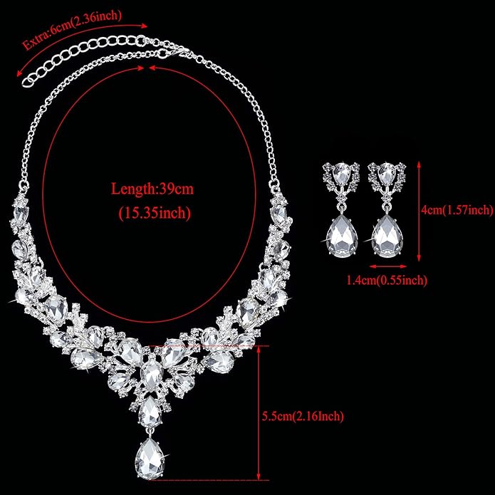 Hicarer Bridal Teardrop Cluster Crystal Jewelry Set for Women Necklace Earrings Wedding