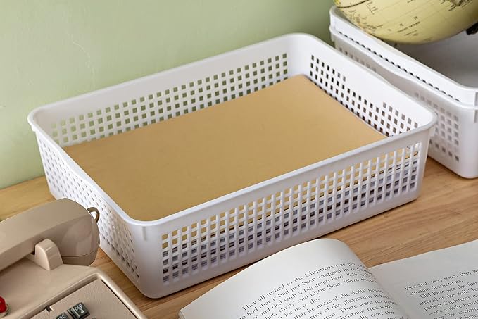 A4 Size Plastic Storage Basket,Desktop File Paper Letter Organizer Tray, 6-Packs (White+Black)