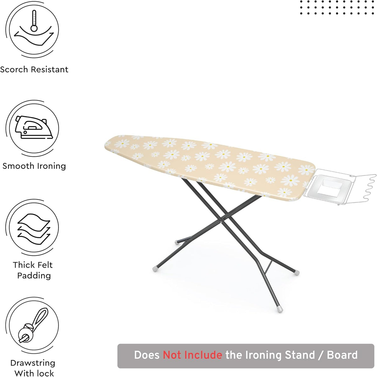 Encasa XO Ironing Board Cover and Pad 54"x15" - Thick 3mm Felt Padding, Drawstring Tightening & Lock, Easy Fit, Scorch & Stain Resistant, Fits Standard Large Ironing Board - Daisy Beige