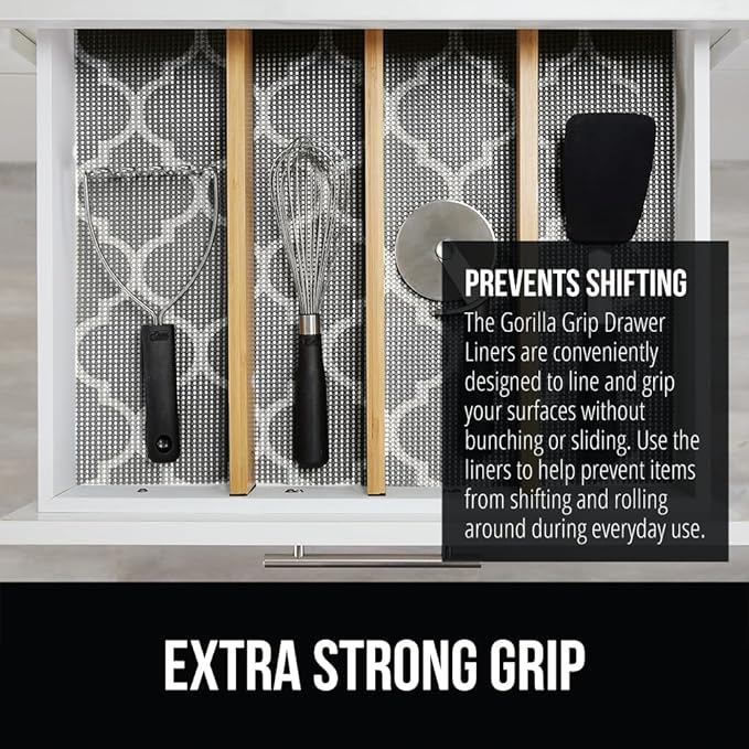 GORILLA GRIP powerGRIP Drawer Shelf and Cabinet Liner, Thick Strong Hold, Non-Adhesive Liners Protect Kitchen Cabinets and Cupboard, Bathroom Drawers, Easy Install, Breathable Mat, 12" x30' Quatrefoil