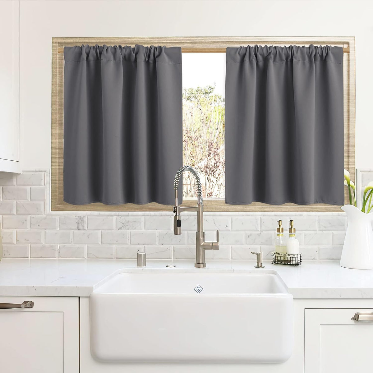 RYB HOME Blackout Curtains for Kitchen, Over Sink Privacy Curtains Window Decor, Thermal Insulating Drapes for Bathroom Cafe Bedroom Small Window, W 42 x L 24 inch, Grey, 2 Panels