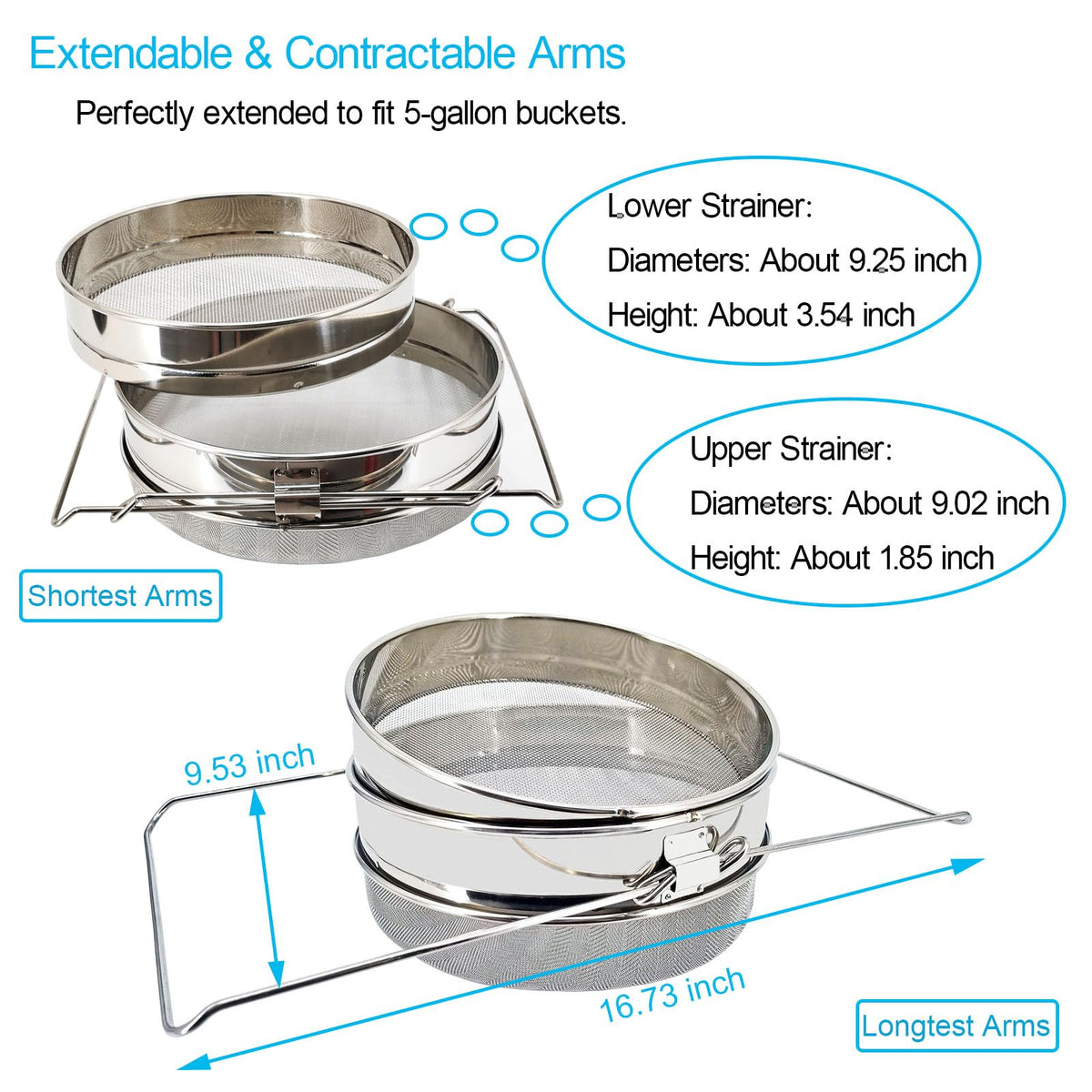 NIZEFEI Double Sieve Honey Strainer for 5 Gallon Bucket Stainless Steel Honey Filter with Up to 16.5 inches Extendable Arms Honey Processing Equipment