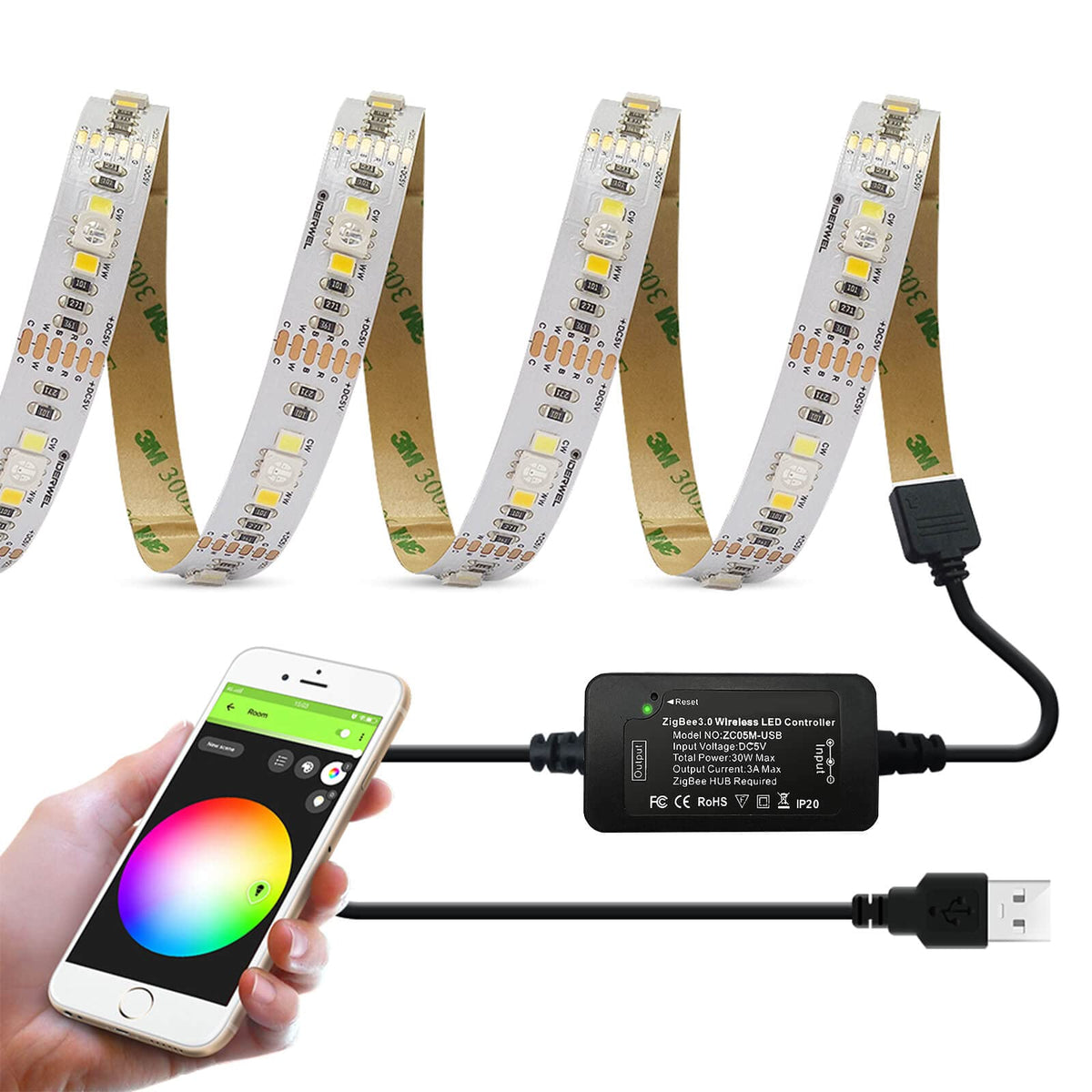 GIDERWEL Smart ZigBee 3.0 USB LED Strip Light RGBWW Kit Work with HUB Bridge TUYA Smart hub and Echo Plus for APP/Alexa Voice Control 6.56ft 5V RGB Cold Warm White RGBCCT Ambiance TV LightStrip Plus