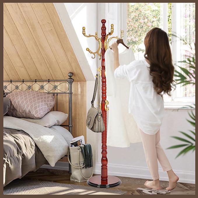 Wooden Coat Rack Freestanding, Vintage Coat Racks with Sturdy Round Base, Adjustable Height 37.40"-72.83" Entrance Coat Rack for Bedroom Living Room Entryway (Solid wood Begonia)