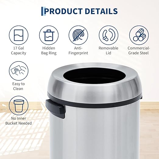 Garvee 17 Gallon/65 Liter Trash Can, Fingerprint-Proof Stainless Steel Open Top Garbage Can, Heavy Duty Commercial Round Trash Bin for Restaurant, Home, Office, Silver