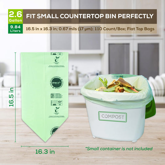 (Include 10 Bonus Bags) ANECO 100% Compostable Waste Bags 2.6 Gallon, Extra Thick Kitchen Small Compost Bags for Countertop Bin, 110 Count (100 + 10 Extra)