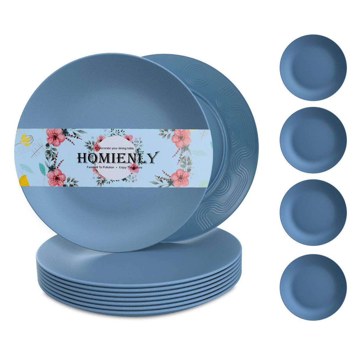 Homienly Flat Dinner Plates Set of 8 Alternative to Plastic Plates Microwave and Dishwasher Safe Wheat Straw Plates for Kitchen Unbreakable Plates for Camping, Salad(Blue, 10 inch)
