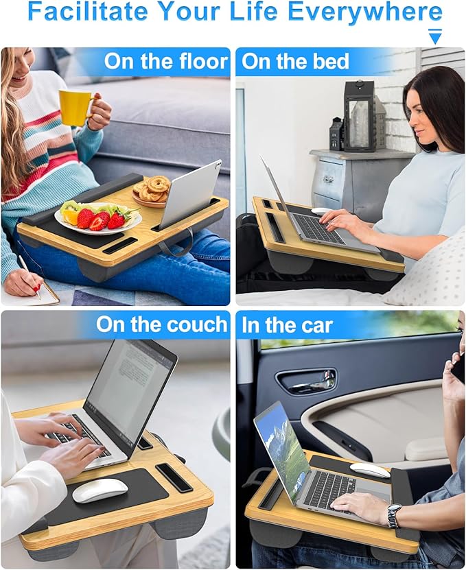 Laptop Lap Desk, Portable Large Laptop Desk for Bed, Up to 17 in Lap Table with Wrist Rest, Mouse Pad, Tablet Phone Slot, Portable Handle, Cushion (Light Brown)