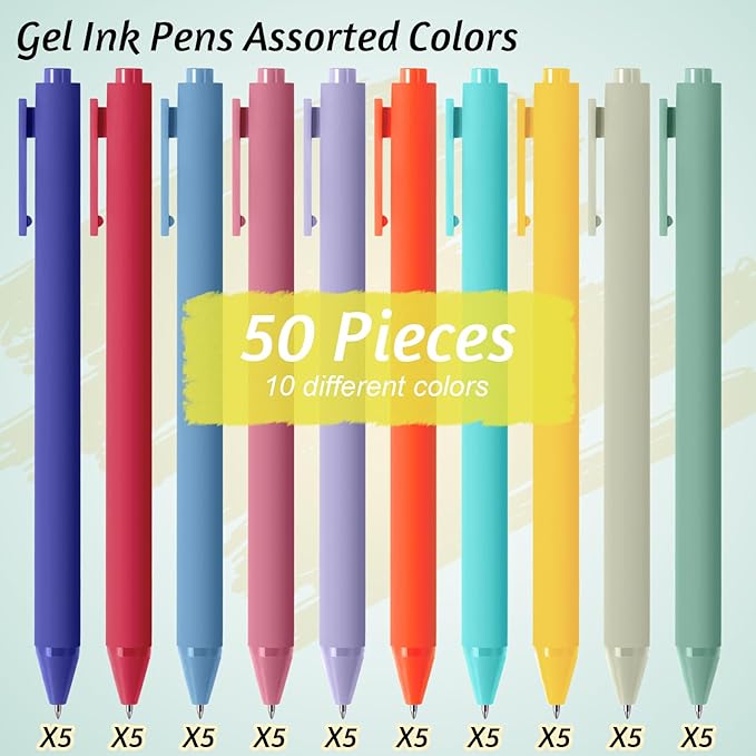 Crtiin 50 Pcs Gel Ink Pens Bulk Black Ink, Smooth Writing Cute Colorful Pens for Back to School First Day of School Teacher Student Server Office Supplies Staff Party Favor Gifts (Rainbow Colors)