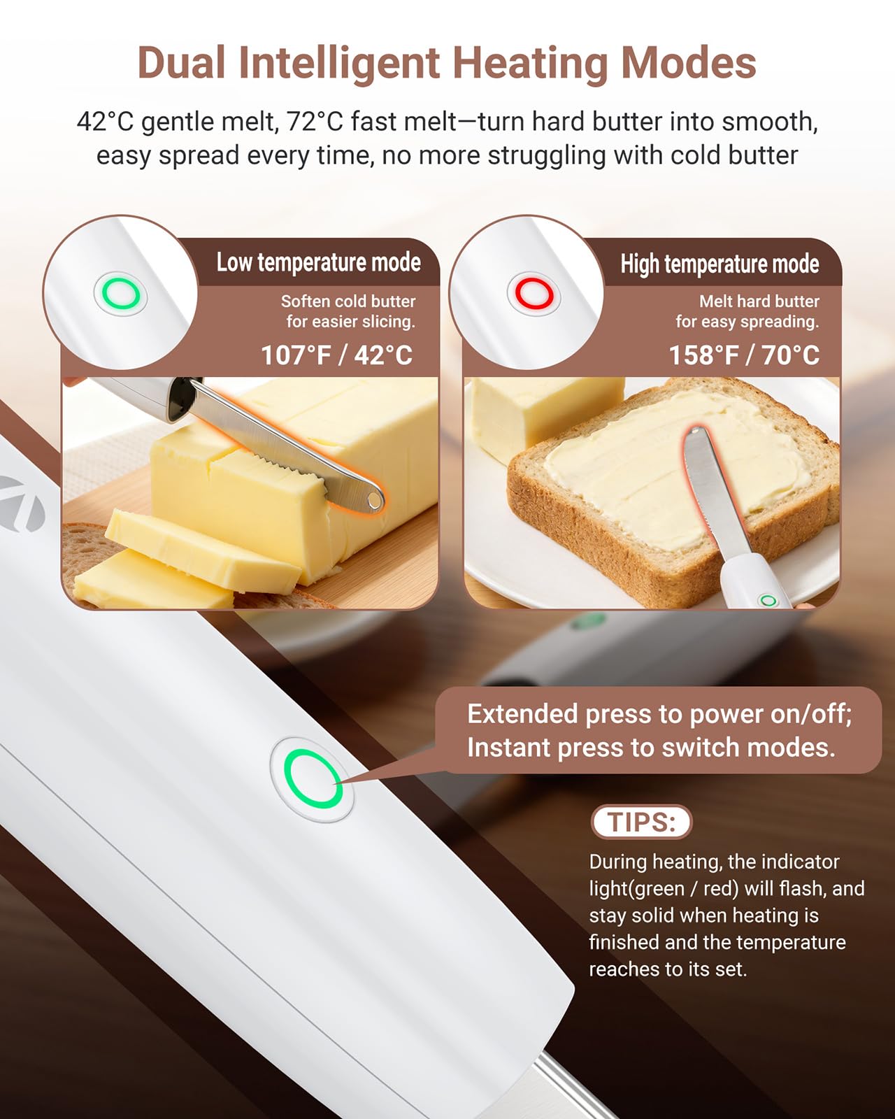 VLOXO Heated Butter Knife, Electric Cold Butter Spreader with 2 Heat Modes Fast Warming Without Tearing Toast Cordless Rechargeable Butter Knife for Hard Butter Cheese Honey Jam and Peanut Butter