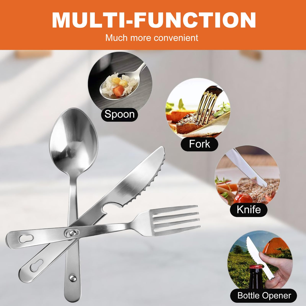 Travel Utensils with Pouch, 4-in-1 Silverware Set 3-Pack with Portable Stainless Steel Spoon, Fork, Knife & Bottle Opener Combo, Cutlery Set for Camping, Hiking, Picnic, Gadgets, Lunch Box for Men
