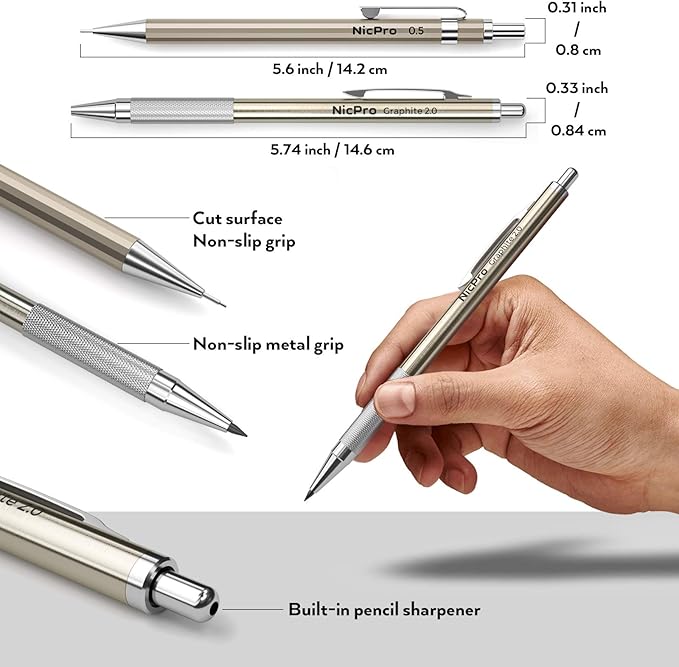 Nicpro 20PCS Metal Mechanical Pencil Set in Leather Case, 0.3 & 0.5 & 0.7 & 0.9 mm & 2mm Lead Pencil Holders, (4B 2B HB 2H) Lead Refills (Black & Colors), Erasers, For Art Drafting Sketching Drawing